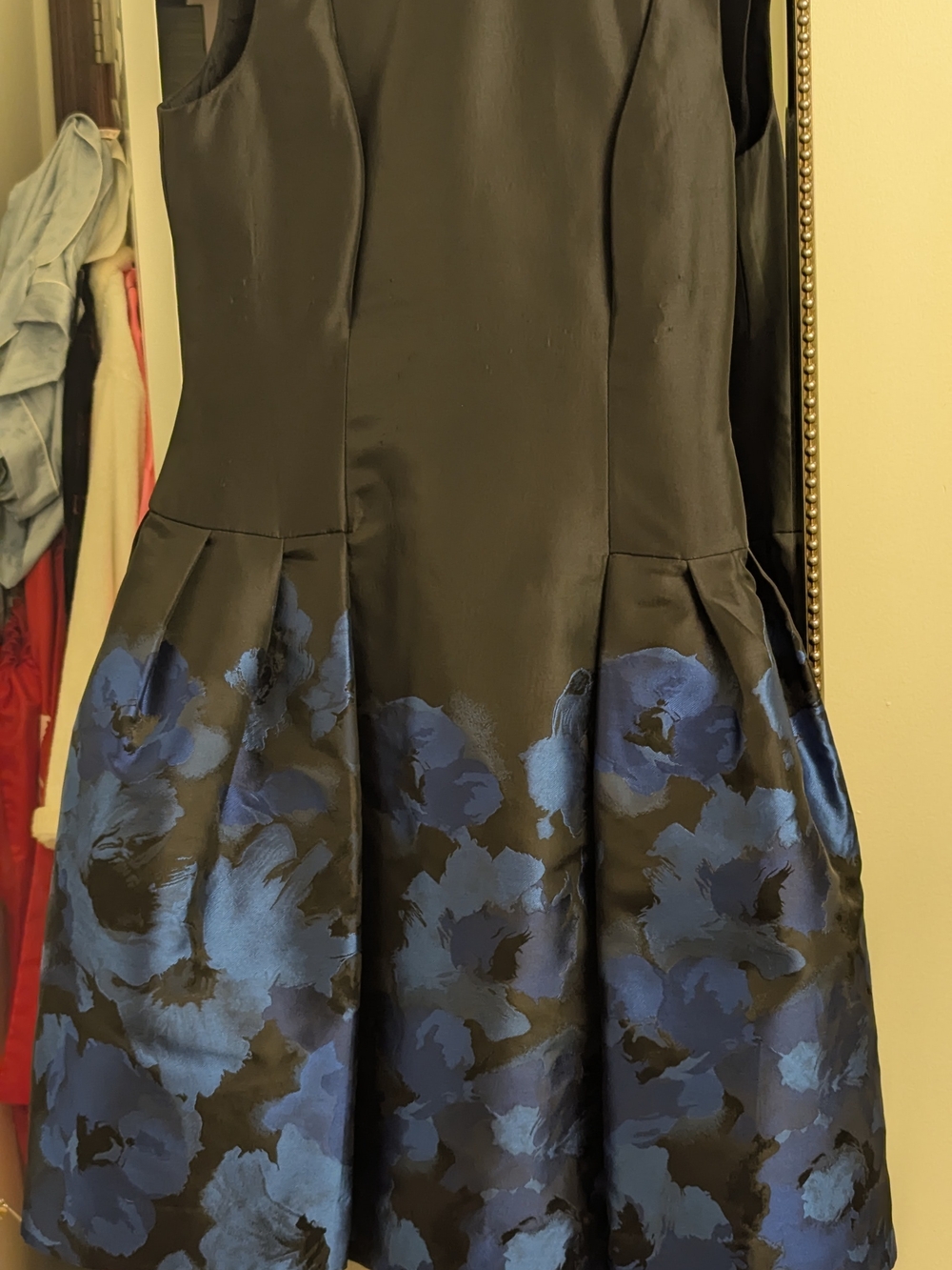 Carmen Marc Valvo Black Dress with Blue Floral Skirt
